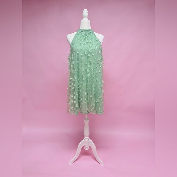 Easel Dresses & Skirts - Easel Sage Green Halter Floral Appliqué Mini Dress